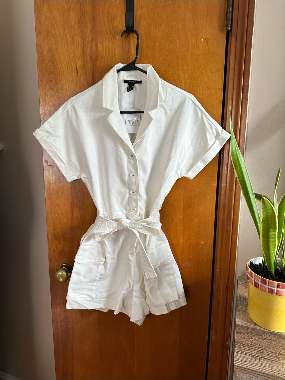Denim White Button-Front Tie-Waist Romper